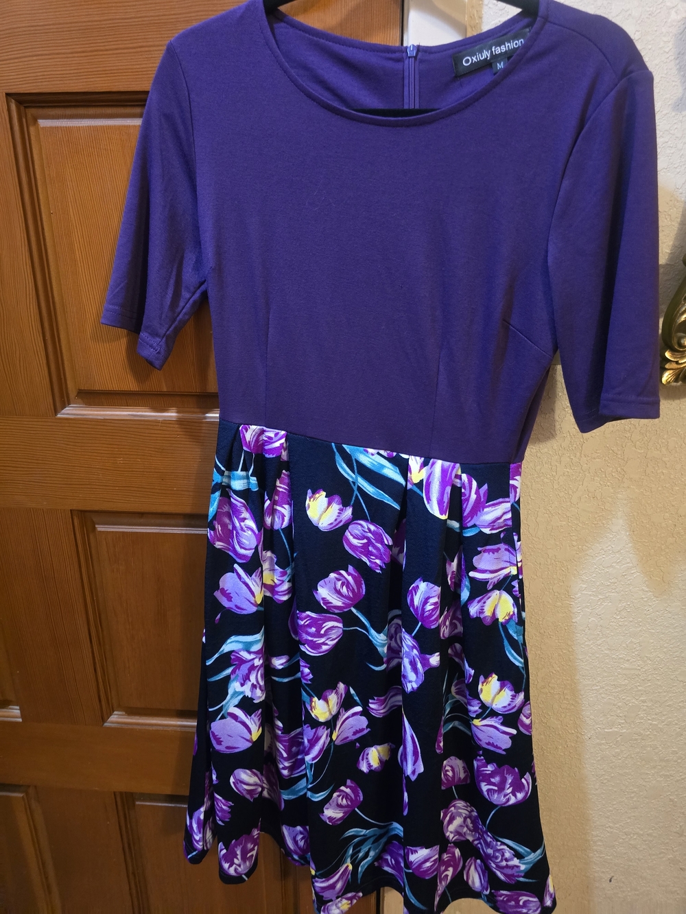 Oxlily Fashion Purple Top Black Floral Skater Dress